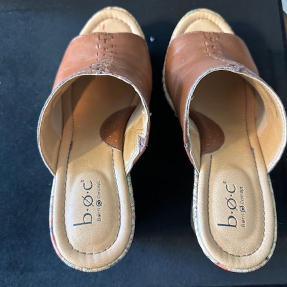 b-o-c BORN CONCEPT TAN CORK WEDGE SANDALS. - Picture 3 of 4